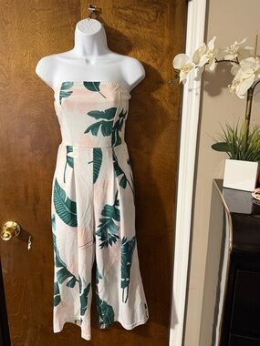 Strapless Tropical Print Midi Dress in Light Pink and Green